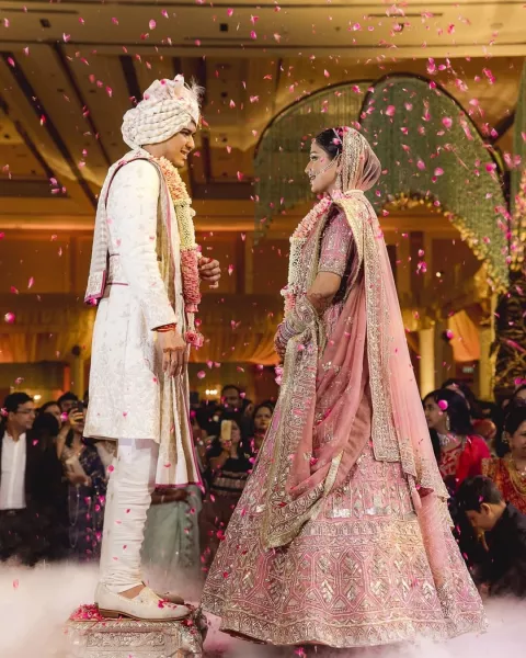 Bride Stuns In A Dusty Pink Stone-studded Manish Malhotra Lehenga Pairs 