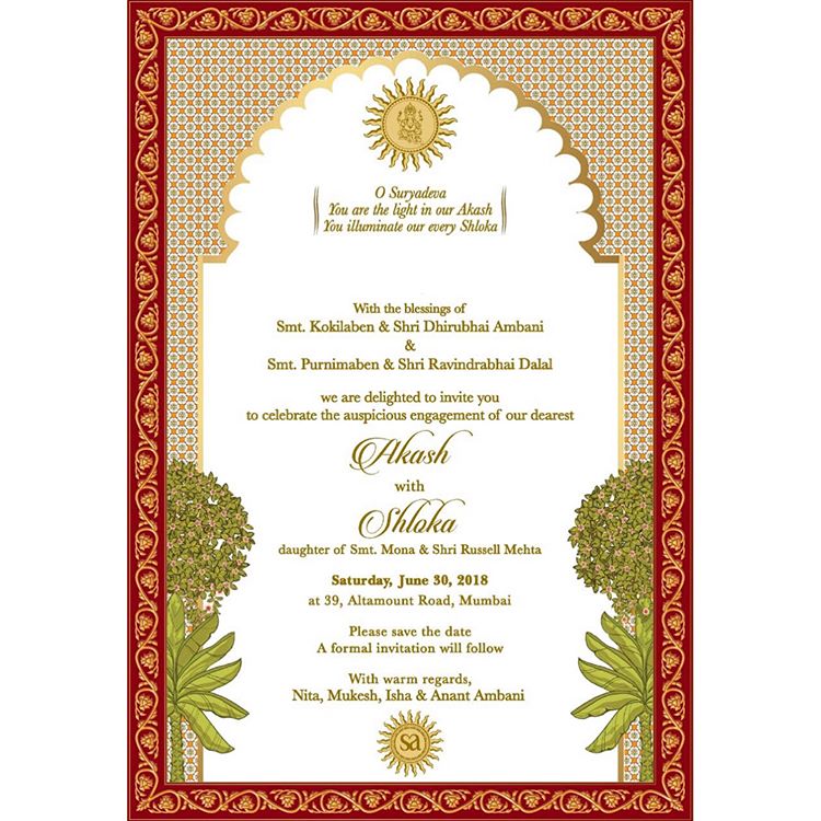 Akash Ambani And Shloka Mehta's Formal Engagement Invite Is Out, Date ...