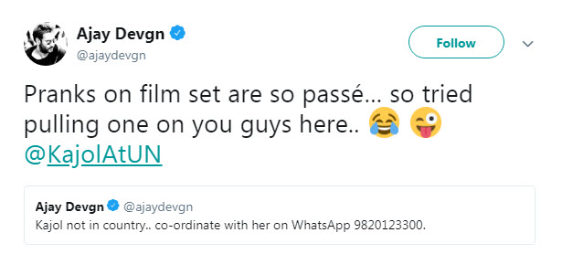 Ajay Devgn Shares Wife Kajol S Whatsapp Number On Twitter As Prank Her Reaction Is Every Wife Ever