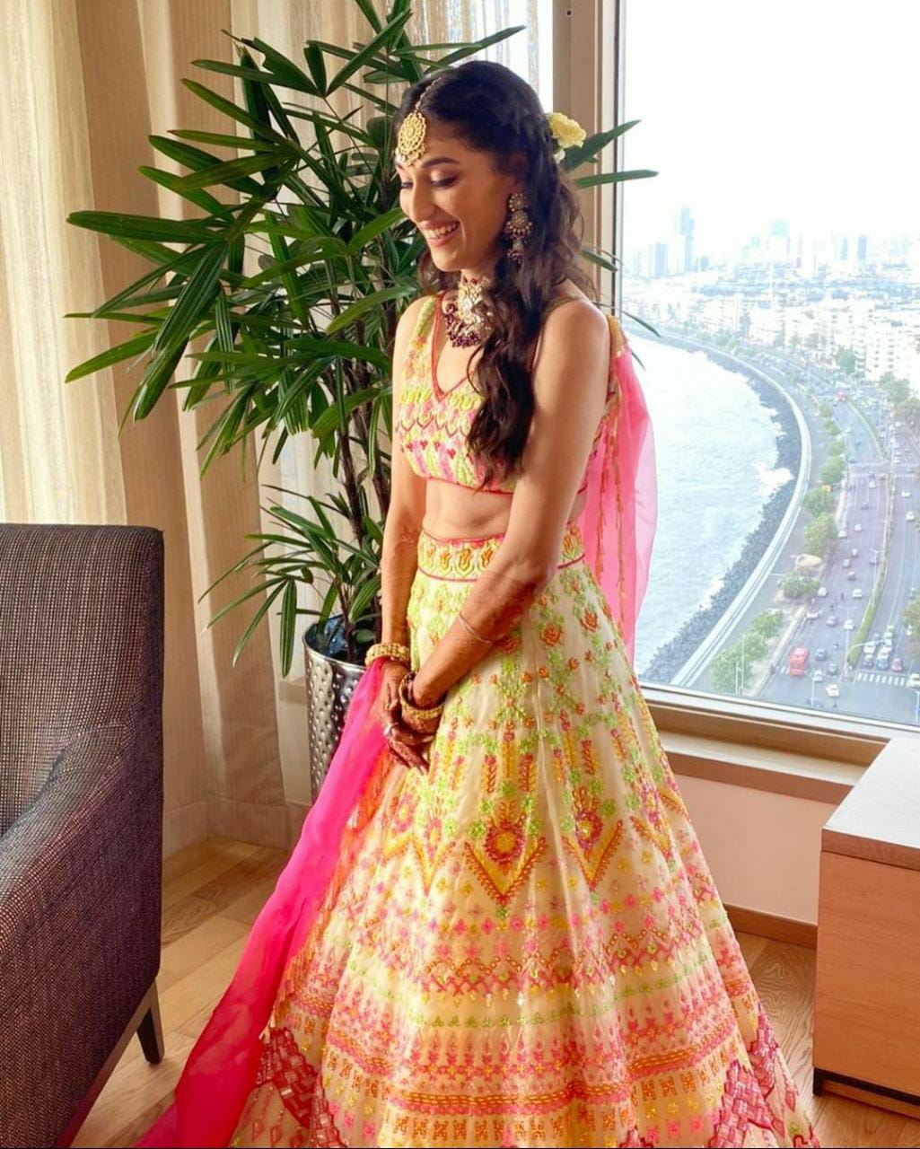 Green, Pink & Yellow Three Shades Lehenga by HER CLOSET for rent online |  FLYROBE