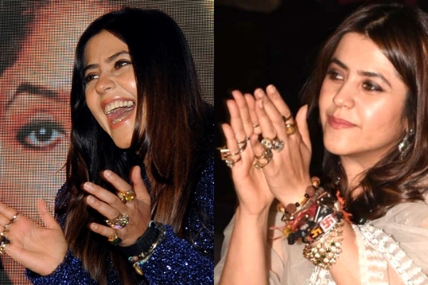 Television producer Ekta Kapoor showed that she'd removed all her rings  from one of her hands.