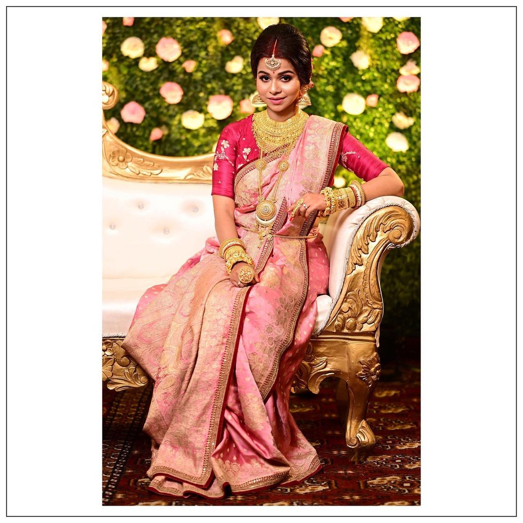 Festive, Reception Pink and Majenta color Net fabric Saree : 1680931