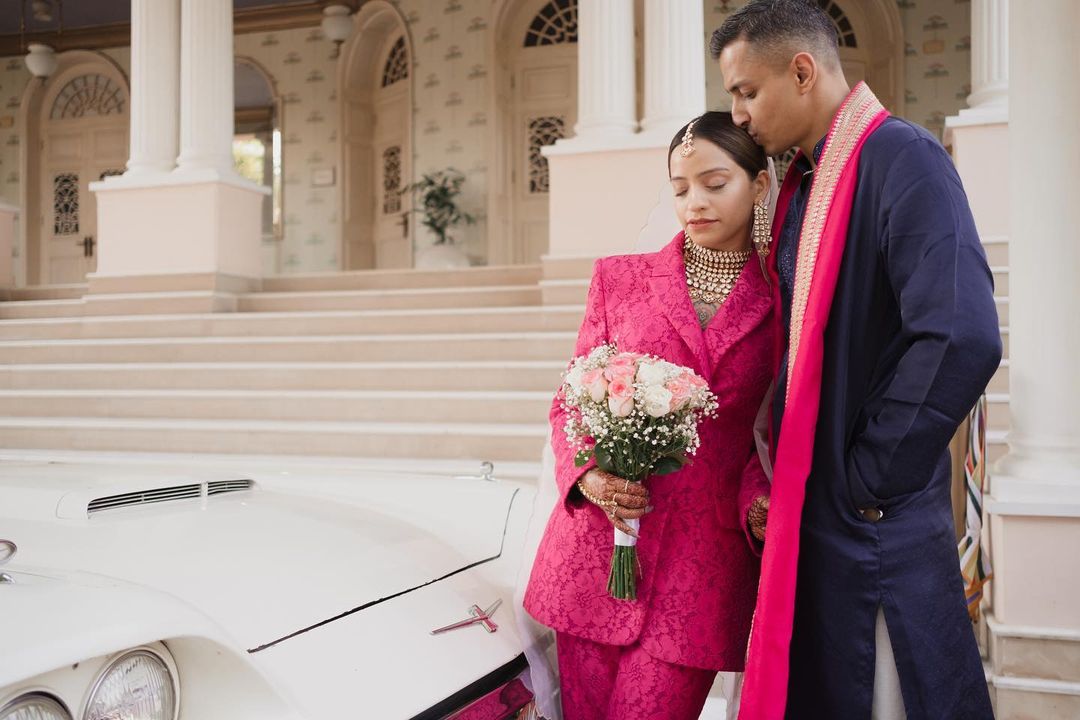 Modern Bride Donned A Hot Pink Lace Pant-Suit With Heavy 'Polki