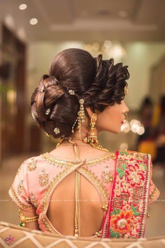 Bridal updo for reception by Swank. South Indian bride. Bridal hair with  accessory. Hair bun. | Indian wedding hairstyles, Bun hairstyles, Bridal  hair buns