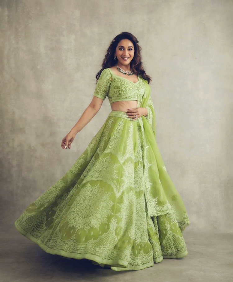 Stunning parrot green color lehenga and blouse with pink color net dupata.  Blouse with heavy hand … | Pink half sarees, Saree color combinations, Half  saree designs