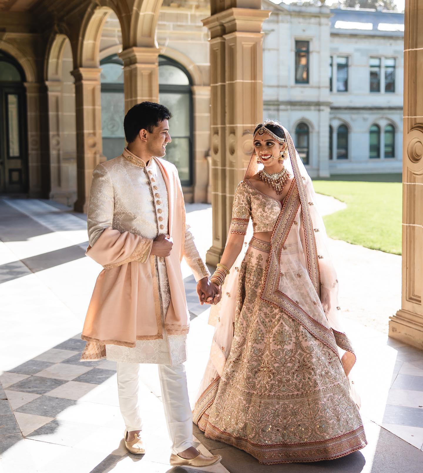 What coloured formal suit of a groom can match the peach lehenga of a  bride? - Quora