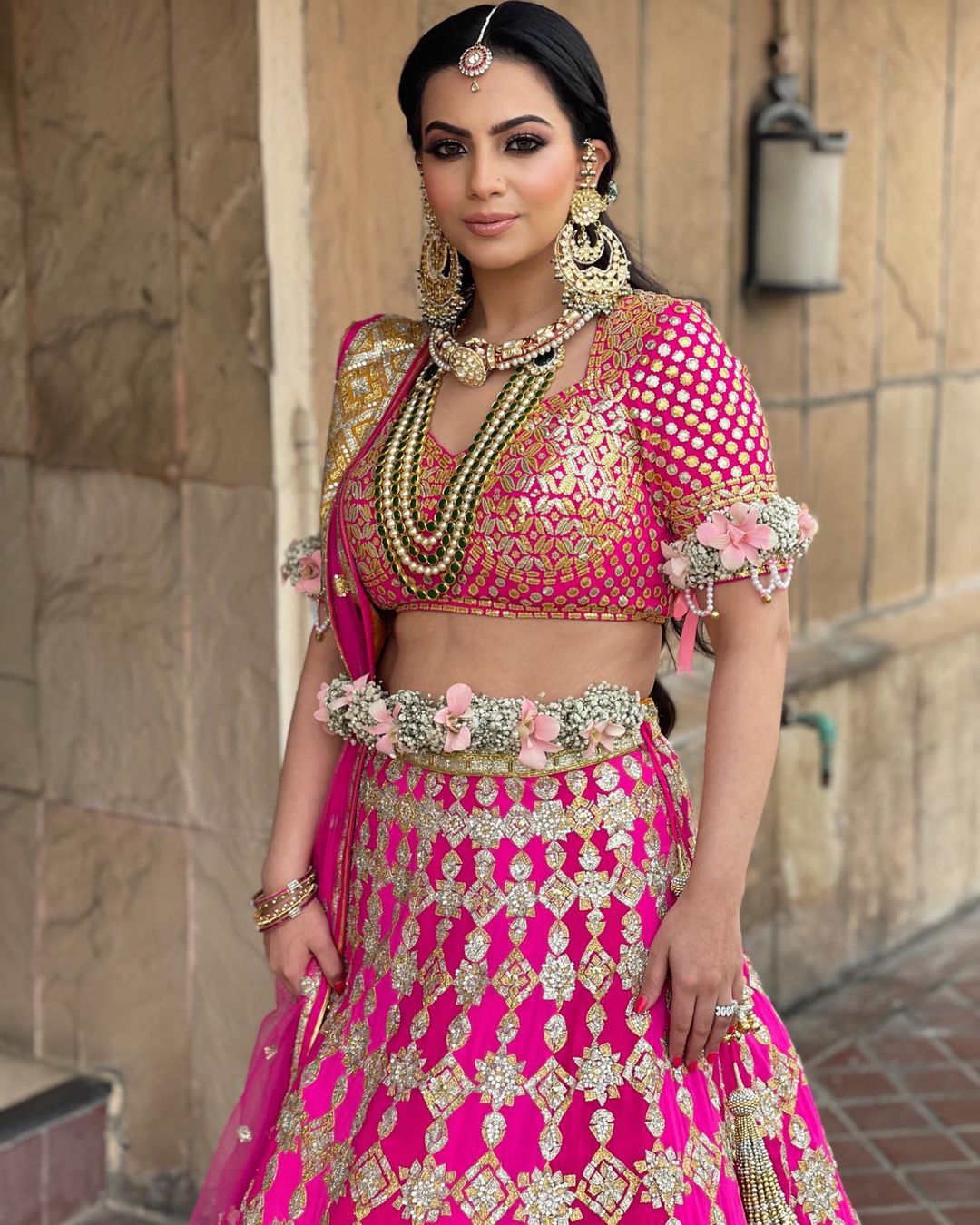 Pink banarasi silk semi stitched lehenga with dupatta - Monjolika - 2632422