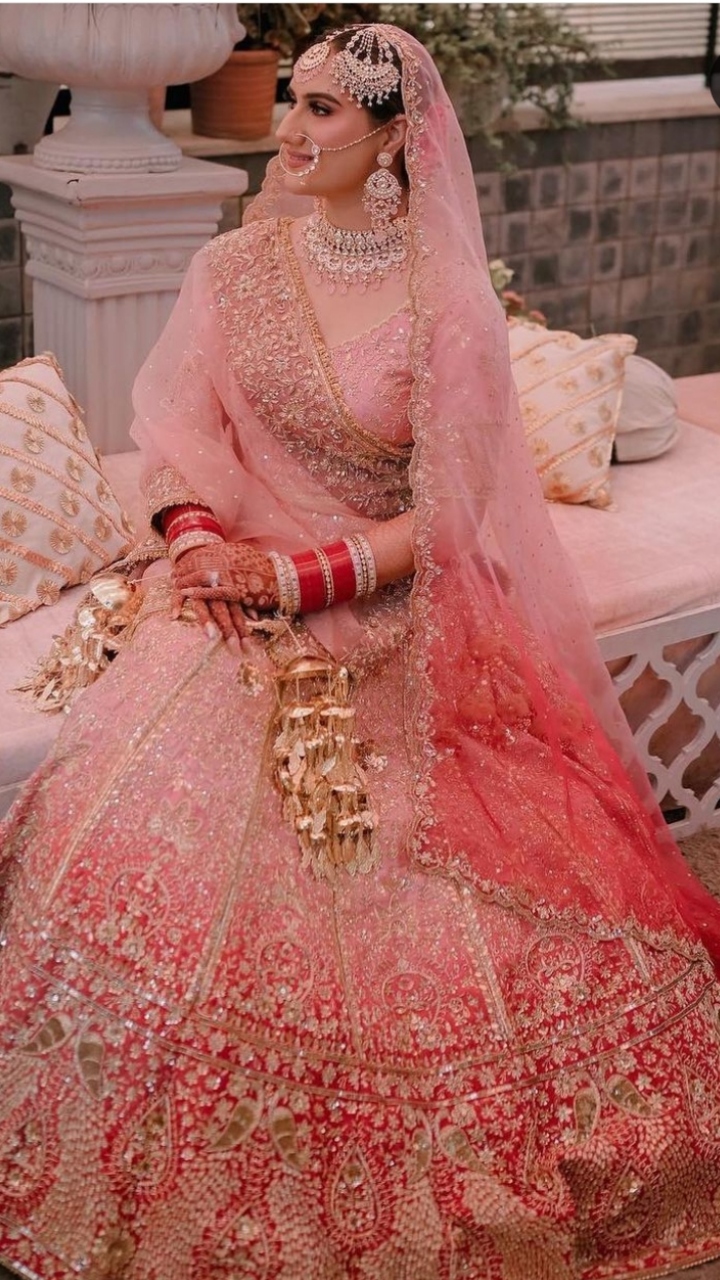 Pink Bridal Lehenga With Pearl Jewellery - Shaadiwish