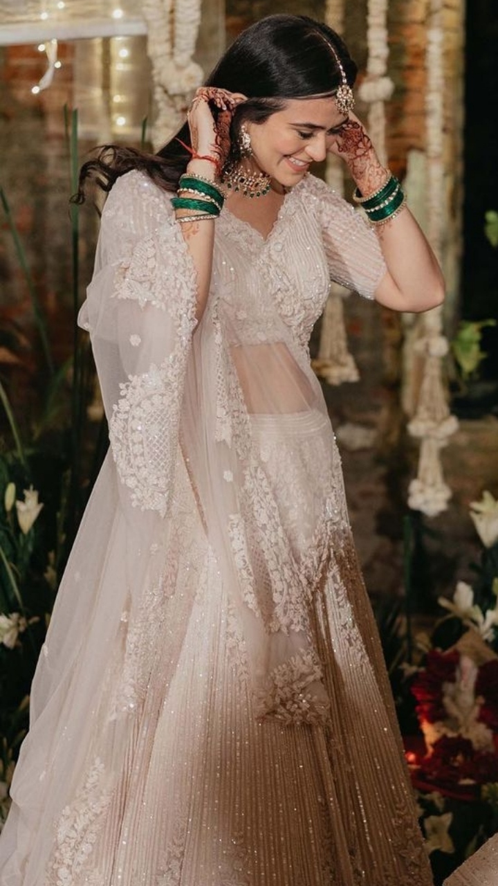 Embellished White Bridal Lehenga Choli and Dupatta – Nameera by Farooq