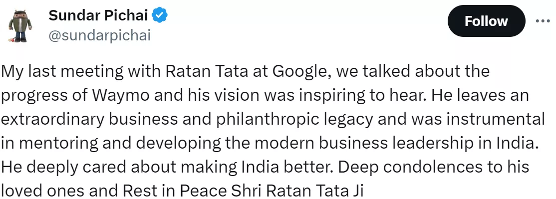 Leader of Opposition, Rahul Gandhi and CEO of Google, Sundar Pichai pay tributes to Ratan Tata