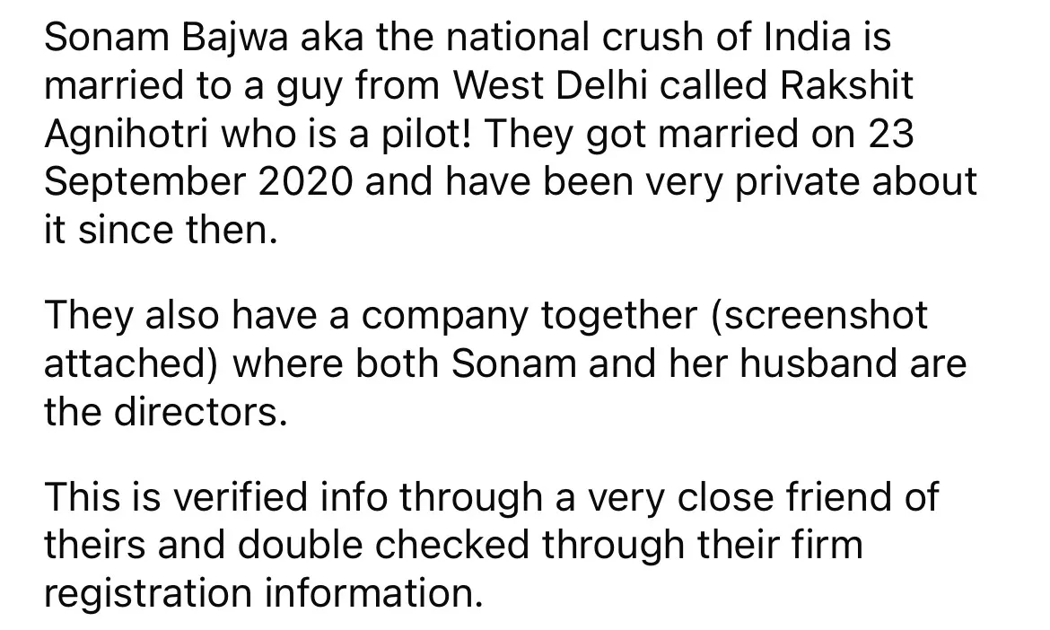 Sonam Bajwa Has Been Married To A Delhi-Based Pilot For More Than 3 Years?  Netizens Dig Out Proof