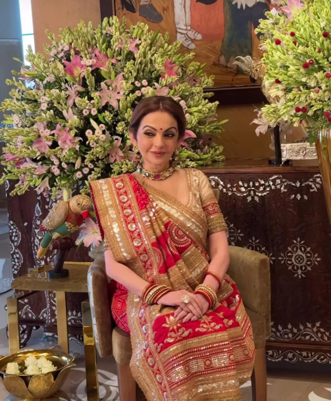 Nita Ambani Dolls Up In Red-Hued Saree And 'Navaratna' Choker With Nine  Gemstones For Mata Ki Chowki