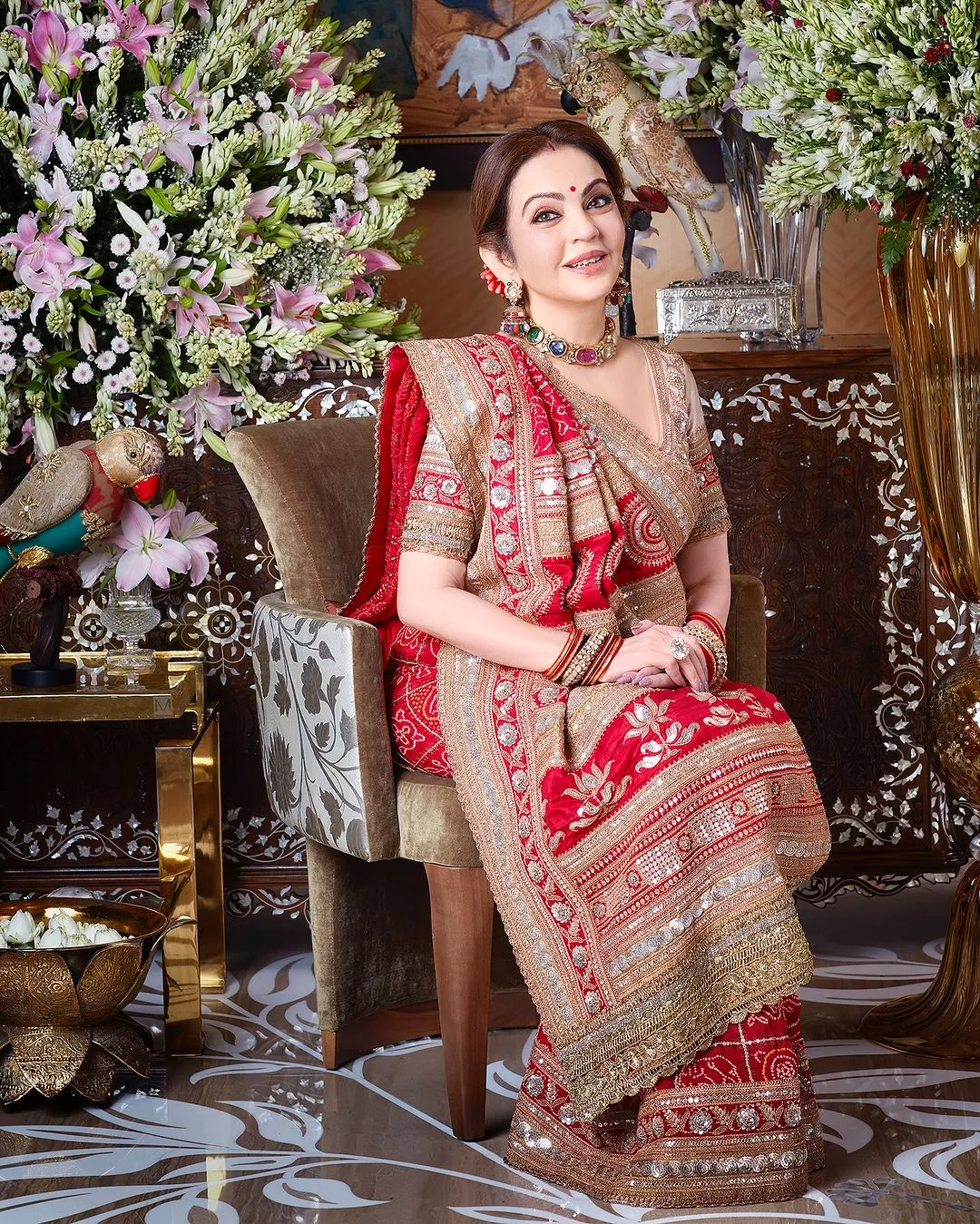 Nita Ambani Dolls Up In Red-Hued Saree And 'Navaratna' Choker With Nine  Gemstones For Mata Ki Chowki