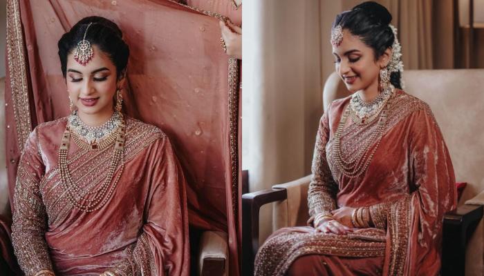 The Bride Chose A Blush Pink-Coloured Velvet Textured Saree For