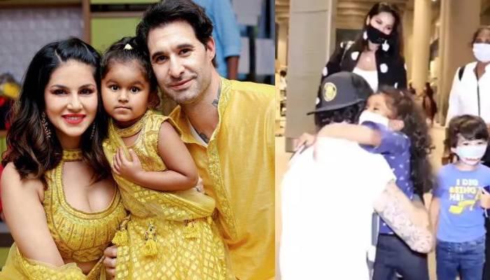 Sunny Leone Daughter Nisha Hugs Daddy Daniel Weber सन ल य न क बच च एयरप र ट पह चत ह