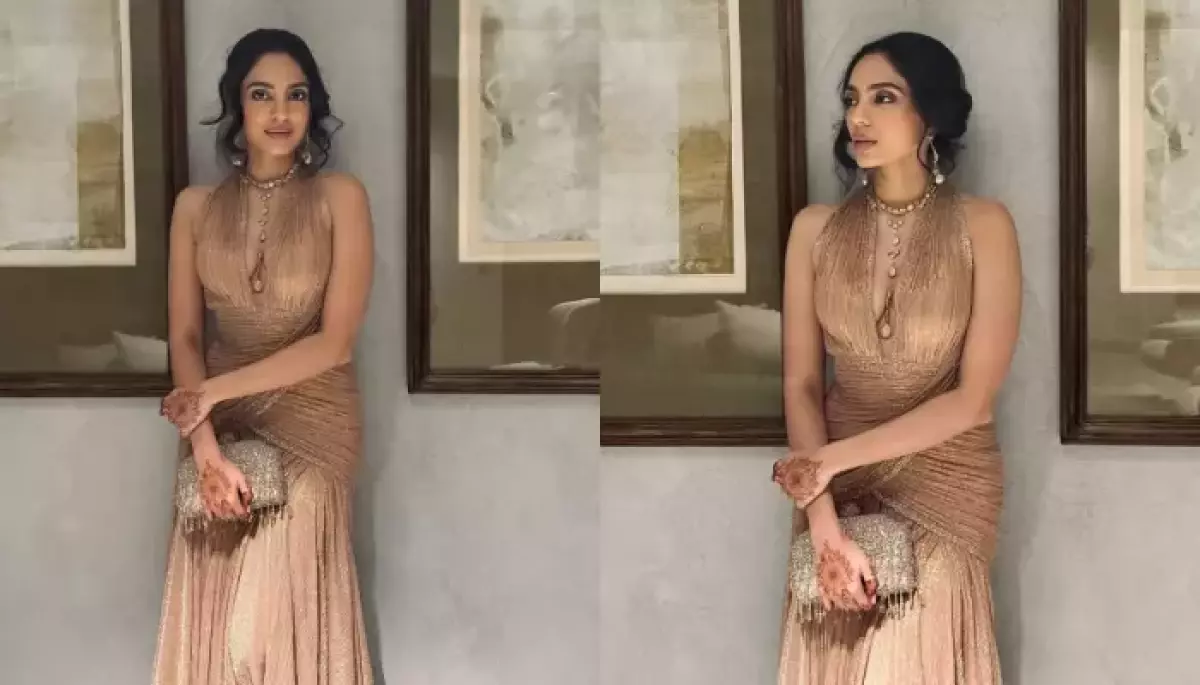 Sobhita Dhulipala Oozes Elegance In Golden Sculpted Gown By Tarun Tahiliani For Cocktail Hour