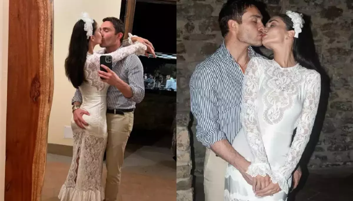 Bride slips into a white lace dress for a pizza party