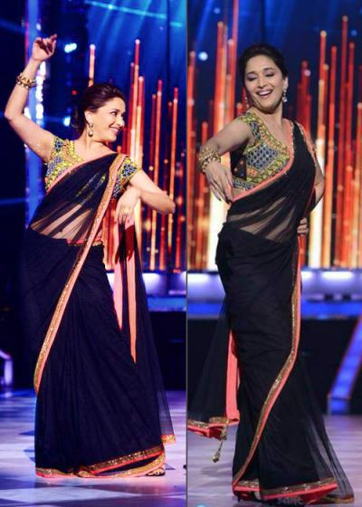 Madhuri Dixit in Gaurav Gupta's Pre-draped Black Saree – Lady India